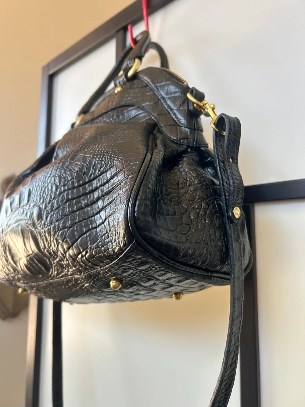 Brahmin Black Croc-Embossed Leather Satchel with Gold Hardware